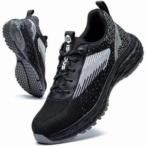 ISOOUS Sicherheitsschuhe Herren Arbeitsschuhe Damen Leicht Stahlkappenschuhe rutschfest Sportlich Atmungsaktiv Schutzschuhe Schwarz 44 EU