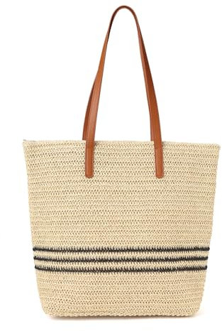 Gaudiwel Sac de plage tissé - Grand sac fourre-tout en paille - Sac à bandoulière pour femme - Avec fermeture éclair, Beige à rayures.