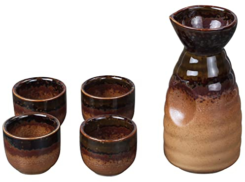 BOGDTF Juego de Sake de 5 Piezas, Juego de Tazas de Sake de Cerámica Retro Tradicional de Japón, con 1 Recipiente para Sake y 4 Tazas de Sake, Diseño Elegante, Familiares y Ami