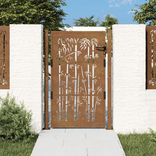 Mengtu Gartentor Metalltor Gartentür Zauntor Zauntür Gartenpforte Hoftor Einzeltor Doppeltor Tor Garten Zaun Pforte 105x130 cm Cortenstahl Bambus-Design Garten Möbel