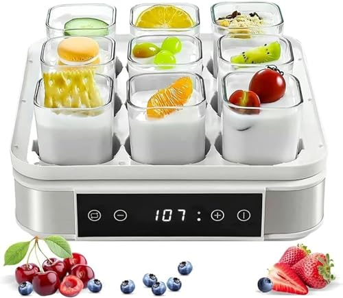 MOSOHINO Yogurtera Digital Automática, Máquina De Yogur Griego con Pantalla LCD Y 9 Frascos De Vidrio Reutilizables, Control De Temperatura Constante Y Tiempo Ajustable, para Yogur Orgánico, Queso