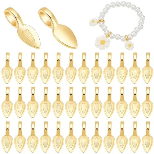 PH PandaHall 50pcs Golden Leaf-Shaped Glue on Flat Pad Bails Pendants, Gold, 21x8mm