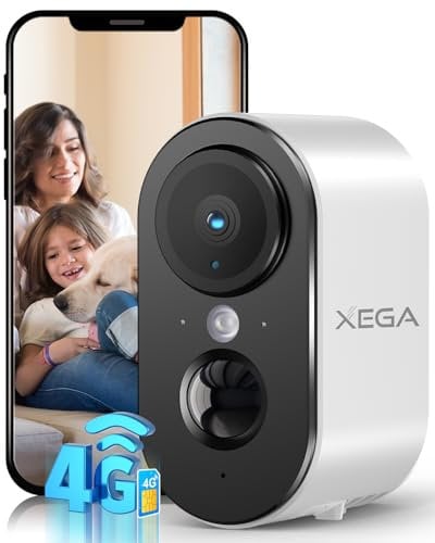 Xega 4G LTE Cámara de Vigilancia con Tarjeta SIM Interior, 2K Super HD LTE Cámara de Seguridad Portátil, Batería 6000mAh, Detección de Movimiento PIR, Color Visión Nocturna, sin Wi-Fi