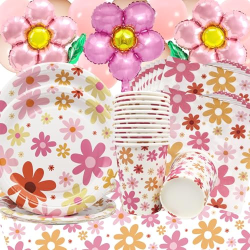 Doyomtoy Set di Stoviglie con fiori di Margherita,68pcs Set di Stoviglie per Feste,Margherite Rosa Piatti di carta Tovaglioli di carta Bicchieri di carta Palloncini Decorazione per Feste di Compleanno