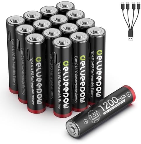 Delyeepow 1.5V USB-C Batterie AAA ricaricabili 1200mWh, Pile Ricaricabili AAA Litio 1500 Cicli con Cavo USB-C, 16 pezzi