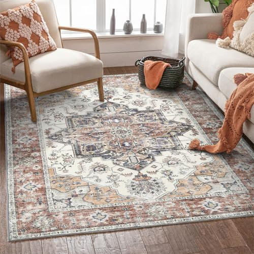 Rugs Living Room 120x170 cm Machine Washable Rugs Soft Low Pile Carpet Anti Slip Area Rugs Oriental Rug for Bedroom Kitchen Dining Home Decor, Brick-Red