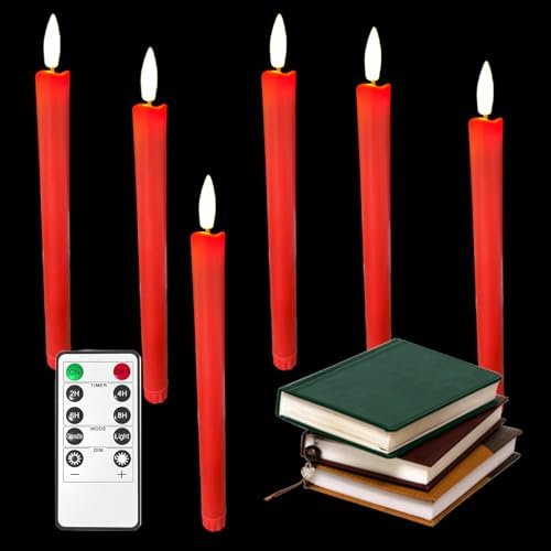 Sporgo 6 Stück LED Stabkerzen: Led Stabkerzen mit Timerfunktion, Rot Kerzen Flammenlos Weihnachtskerzen, Led Stabkerzen mit Fernbedienung für Advent, Weihnachten, Hochzeitsdekoration