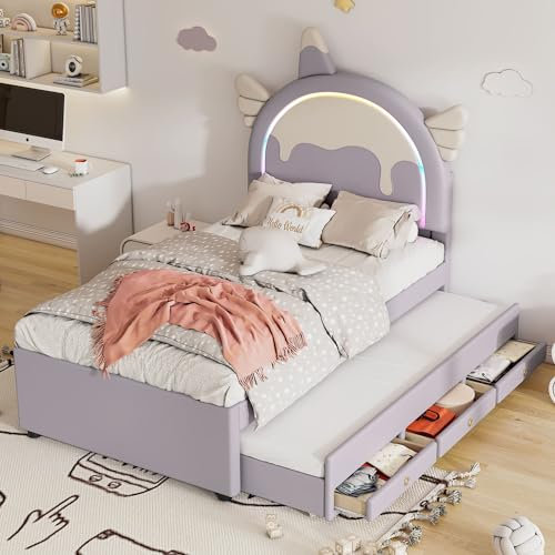 YCYDHDM Polsterbett Kinderbett 90 x 200 cm mit Ausziehbett und 3 Schubladen, Einzelbett mit L/ED-Umgebungslicht und Verstellbares Kopfteil, Bett für Kinderzimmer, PU, Ohne Matratze, Lila