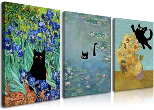 Monet Wandkunst-Set mit 3 lustigen Katzen in Seerosen, Leinwandbilder, Van-Gogh-Sonnenblumenkatze ästhetische Bilder für Zimmer, Schlafzimmer, Wohnzimmer, Badezimmer, 40,6 x 61 cm, gerahmt