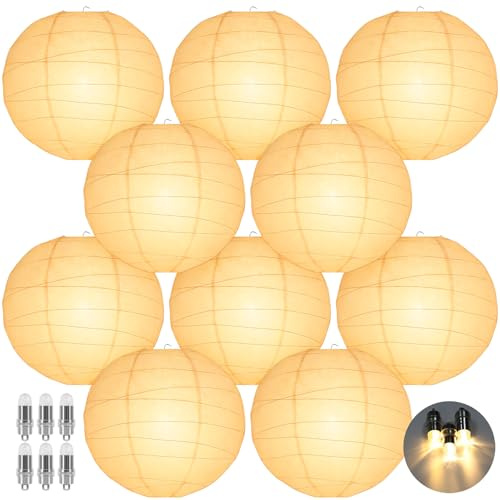 Encham Weiß Papierlaterne Lampions mit 10 Stück Warmweiß Ballonlichter Hochzeitsdeko Lampenschirm für Hochzeit Party Geburtstage Dekoration 30CM