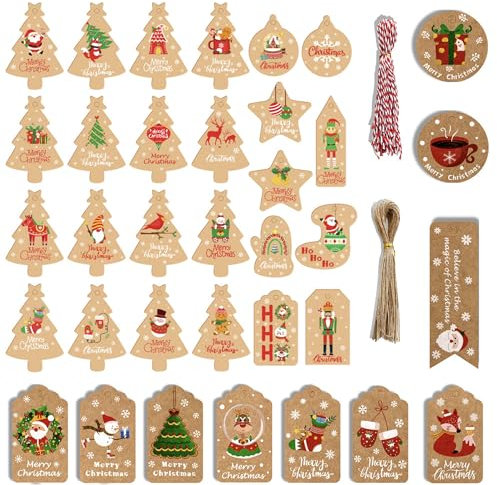 150pcs Etichette per regali di Natale, Forma Dell'Albero, Rotonda, Quadrata Etichette regalo Kraft Marrone, Appese con Filo di Cotone e Spago, per Decorazioni Fai da Te(7 x 4 cm/7,6 x 5,2 cm)