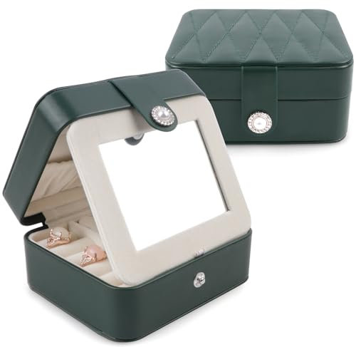 Homeanda Schmuckkästchen Reise,Tragbar Schmuckschatulle mit Spiegel, Schmuckbox PU-Leder für Ringe,Halsketten,Armbänder,Ohrringe(Schwarz Grün)