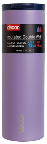 Décor Double Wall Stainless Steel Travel Mug - Keeps 4 Hours Hot - 12 Hours Cold - Car Cup Holder Compatible - Secure Flip Top Lid - 450ml Lavender.