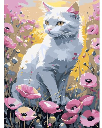 feelive Peinture par Numéro pour Adulte, Fleurs Chat Kit de Peinture à l'huile sur Toile Bricolage pour Enfant Débutants Avec Pinceau Pigment Acrylique 30x40cm