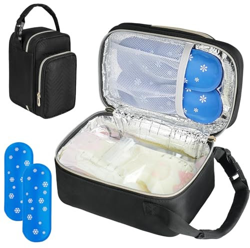 Breastmilk Cooler Travel Bag with Ice Pack,Portable Breastmilk Cooler Bag with Buckle Handle,Insulated Breastmilk Storage Bag Cooler,Black
