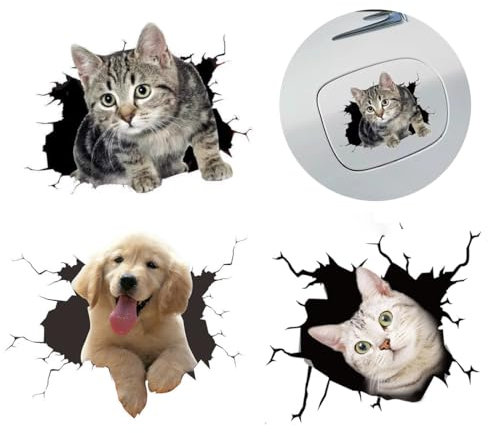 Adesivi Per Gatti 3D, 3 pezzi Adesivi gatti per auto, Gatto cane 3D Rimovibile Auto Adesivo Decorazione, Adesivo Finestra Auto Animazione per dei Cartoni Animati decorazione divertente