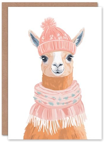 Wee Blue Coo Greeting Card Cute Llama With Pink Winter Hat And Scarf For Her Woman Xmas Christmas Card