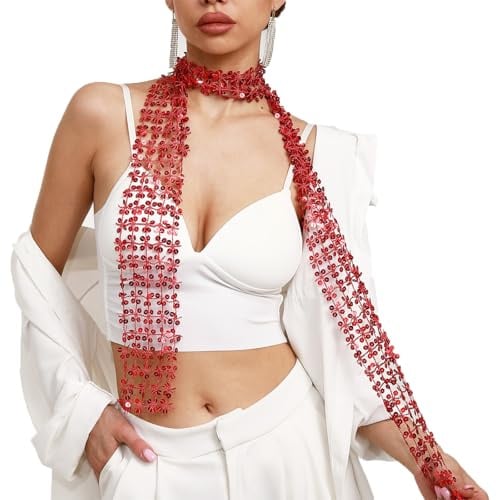 SMTCM Damen Pailletten Schal Kette Glitzer Halstuch Lang Schmale Hals Krawatte Netzschal Punk Paillettennetz Breite Halskette Mesh Stirnband Sparkle Kopftuch Schlips für Fasching Karneval Party 160CM