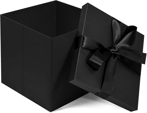 Schwarze Große Geschenkbox mit Deckel, 25x25x25 CM, Band und Papierschnipsel mit Karte, für Geburtstage, Schulabschlussfeiern, Jubiläen, Weihnachten, Halloween, Valentinstag