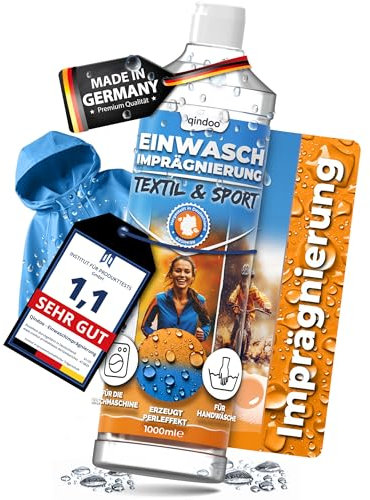 Qindoo Einwaschimprägnierung Textil Waschmaschinen- Handwäsche geeignet, Atmungsaktiv & wirkstark, Für Gore-Tex, Outdoor, Funktionskleidung, PFC-frei – Made in Germany (1 Liter)
