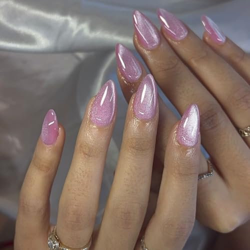 Lilac Glitter False Nails Almond, SXVME Cat Eye Press on Nails Short Almond, Sparkly Shiny Fake Nails, Cute Bling Medium Stick on Nails for Women Party Holiday Wear, 30 Pcs