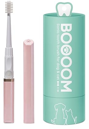 BOOOOM 360° Sonic Pet Toothbrush Set for Dogs & Cats (Pink),Made in Japan,Vet-Recommended Plaque Remover with Timer,Small Toothbrush and Large Replacement Brush-Head,Sensitive Gums
