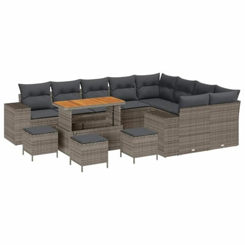 vidaXL 13-teiliges Garten-Sofa-Set mit Kissen, grauem Poly-Rattan und Akazientisch. Perfekt für Balkon und Terrasse, modular einsetzbar und aus wetterfesten Materialien.