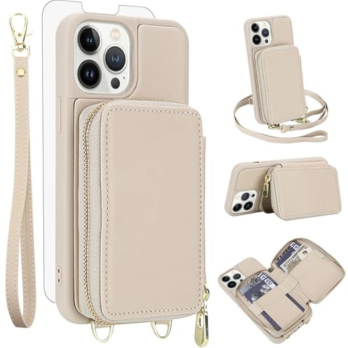 Phone Case for iPhone 13 Pro Max 2021 6.7 inch Wallet Cell Cover with Screen Protector Crossbody Strap RFID Blocking Credit Card Holder iPhone13promax 5G i Phone13Max Plus iPhone13 ProMax Women Beige