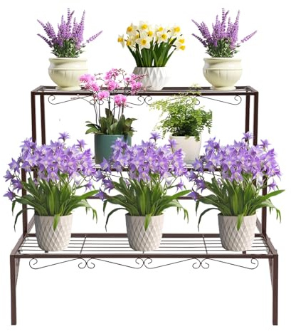 soudesileim 3 Ebenen Blumentreppe Metall, 70x58x60cm, max Belastbarkeit pro Etage 20kg, Dreieckige Verstärkung, Rutschfesten Füsse, Freistehend Pflanzenständer, Blumenständer (Bronze)