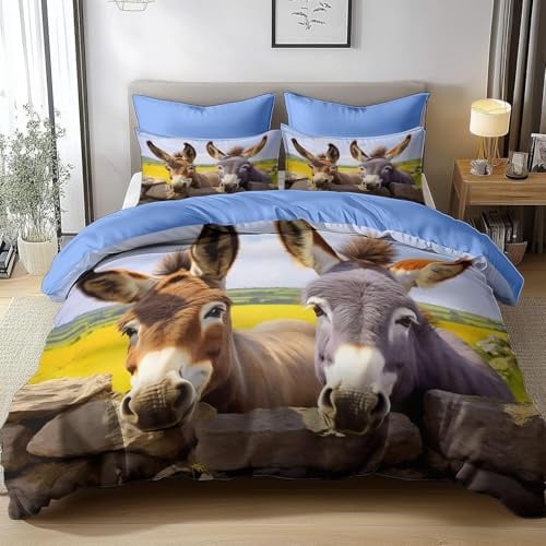 HATEGE Bettwäsche 135x200 Esel, 3D Wendebettwäsche Nutztiere Microfaser Bettwäsche Set für Kinder Bettbezug 3 Teilig mit 2 Kissenbezug 80x80 cm 3370-ABC
