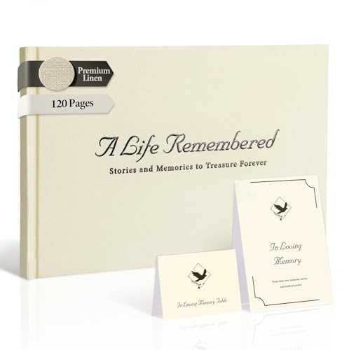 Condolence Book, Funeral Guest Book, in Loving Memory, Celebration of Life, Linen Hardback, Gold Foil, Welcome Card & Table Sign, 21.5 x 14.5 cm, 120 Blank Pages, for Memorial Service and Wake