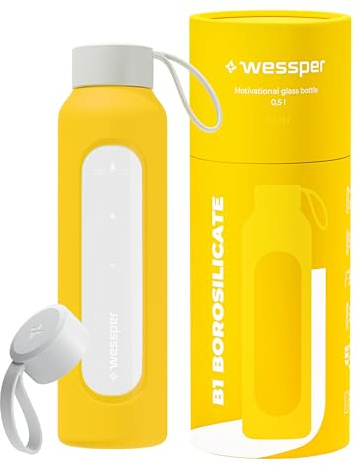 Wessper Bouteille en Verre 500ml, Gourde motivation avec étui - Jaune | bouteille borosilicate verre, gourde de motivation avec échelle D'hydratation, Sens BPA