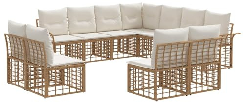 vidaXL Outdoor-Sofagarnitur 11 pcs Natürlich und Cremweiß Polyester, Garten-Sofa Set, modulares Design, wetterfest, Rattan, verstellbare Füße, für gemütliche Stunden draußen
