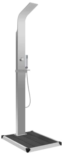 Ordellia Doccia da giardino con elemento di fondo in WPC e acciaio inox, pannello doccia per piscina, vasca idromassaggio, accessori spa, con doccia a pioggia, doccetta, finitura spazzolata, 80 x 62