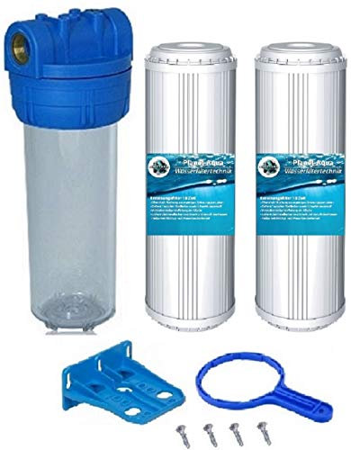 Filtergehäuse SET DUOS 10 Zoll mit 3/4 Wasseranschluß + 2 KALK FILTER Patrone 1x GEHÄUSE SCHLÜSSEL 1x WANDHALTERUNG Vorfilter Wasserfilter Osmose Anlage Hauswasserwerk Brunnenwasser Garten