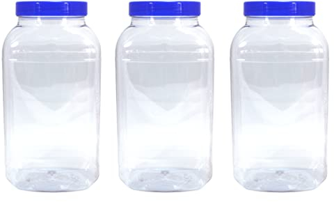 3 Large Storage Jars 4430ml with Blue Screw top lids by Britten & James. Clear Food Grade Plastic - Safe, hygienic and Attractive.