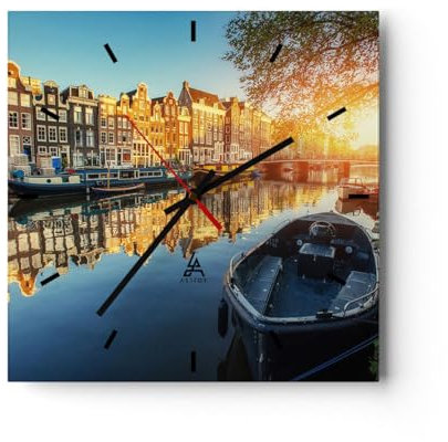 Modern Wanduhr Kanal Boot Amsterdam Wasser 30x30cm Quadrat Klein Wand Uhr Glas Analog Zimmeruhren Küche Büro Wohnzimmer Glasuhr Wall Clock Dekoration Design Wanddekoration Küchenuhr C3AC30x30-2857