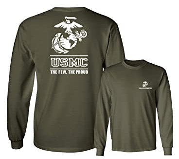 Lucky Ride Marines USMC The Few The Proud White Emblem F&B Long Sleeve T-Shirt, Military Green, XXL