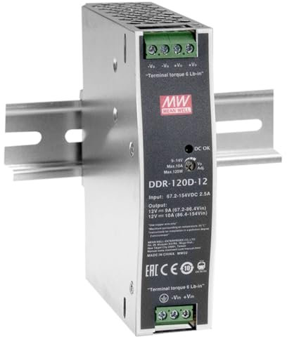 WITTKOWARE DDR-120A-12 DC/DC Wandler für 35mm DIN-Hutschiene, Eingang 9~18V/DC, Ausgang 12V/DC (einstellbar 9~14V), max. 8,3A, 99,6W