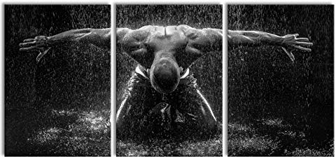 Pixxprint Bodybuilder im Regen als XXL Leinwandbild in Übergröße 210x100cm Gesamtmaß 3 teilig, Wandbild, Kunstdruck