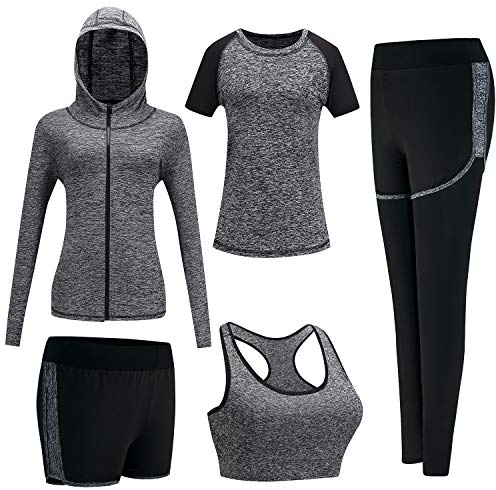 BOTRE Damen Traingsanzug Sport Set 5er-Set Sportanzüge Jogginganzug Gym Fitness Yoga Kleidung Laufbekleidung Sportswear Yoga Outfit Damen BH Leggings Set(Grau Schwarz, Large)