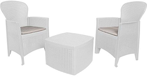 Dmora - Ensemble de salon d'extérieur Naples, Composition de jardin avec 2 fauteuils et 1 table de rangement, Salon effet rotin, 100% Made in Italy, Blanc