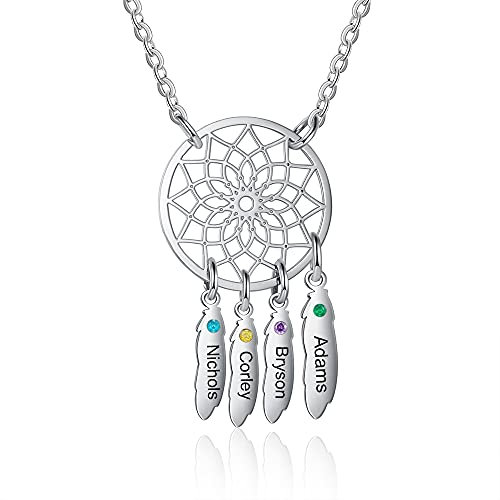 ALBERTBAND Personalisierte Namenshalskette Anhänger Dream Catcher Chain Choker Gravur 1-7 Namen für Frauen Dream Catcher Halskette mit Geburtssteinen (4 names)