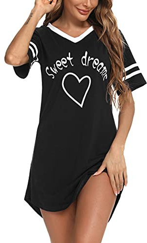 Litherday Camicia da Notte Donna Cotone Estiva Pigiama Donna Manica Corta con Scollo a V e Stampa Cuore Camicia Notte Casual Comoda e Traspirante Nero XXL