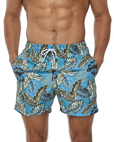 Aisprts Maillot de Bain Homme Short de Bain Respirant à Séchage Rapide avec 3 Poches Short de Plage Homme avec Doublure en Maille et Cordon de Serrage Réglable, T2 Feuilles de Palmier, XXL