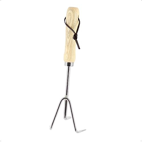 Rekord Kleingrubber (Edelstahl) mit Holzgriff, 3 Zinken und Aufhängeband Länge: 31 cm, 3 Zinken Kultivator, Harke, Grubber, Gartenkralle, Unkrautkralle