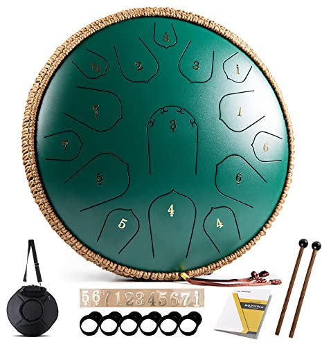 Steel Tongue Drum – HOPWELL 15 Note 14 Zoll Zungentrommel – Handpfannen-Trommeln mit Notenbuch, Stahl-Handpfannen-Schlägel und Tragetasche, D-Dur (grün)
