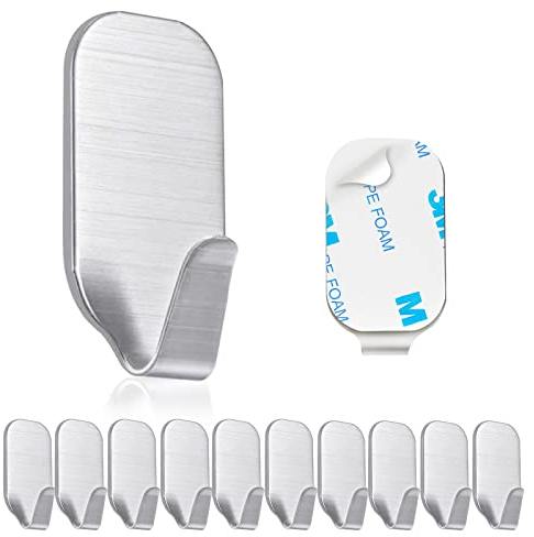 Minicoco Self Adhesive Hooks, 10Pack Door Wall Hooks, Stainless Steel Stick On Hooks Sticky Hooks for Kitchen, Bedroom, Office,Bathroom Hooks