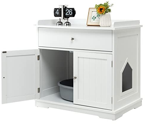 COSTWAY Mobile per Lettiera Gatti in Legno, con Portaoggetti, 2 Ante, Cassetto e Ingresso Laterale, Mobiletto Multiuso per Ingresso e Soggiorno, 76 x 53 x 74 cm, Carico Massimo 30 kg (Bianco)