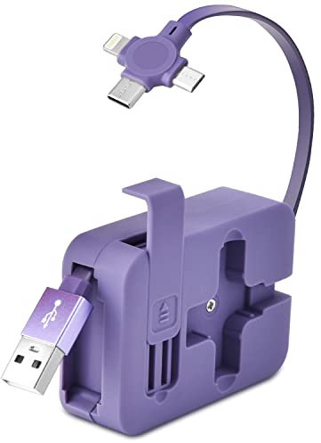 TEXXY Multi 3-in-1 Charging Cable Roll Retractable Carry on Phone Holder/Charger 4 in 1, Cables for Laptop Tablet Mobile, Purple